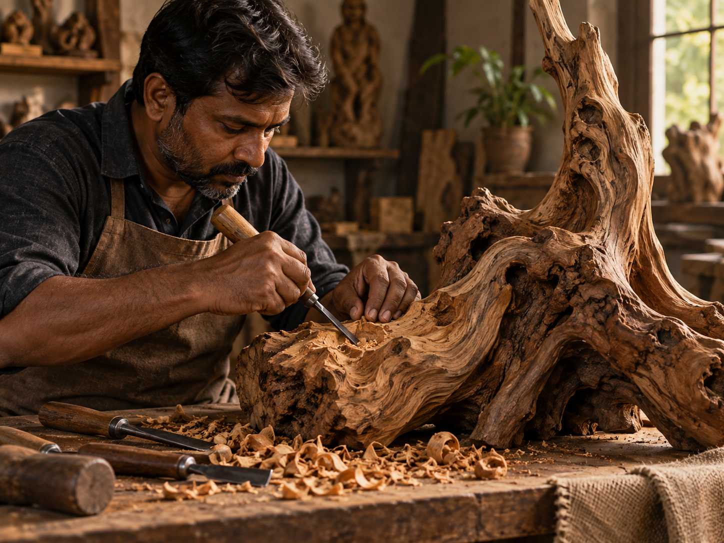 Dabe artisan carving a custom wooden piece